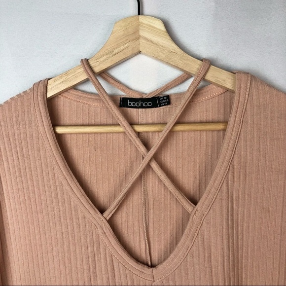 BooHoo Light Blush Pink Cross Front Strap Ribbed Short Sleeve T-Shirt 14 - Picture 6 of 6
